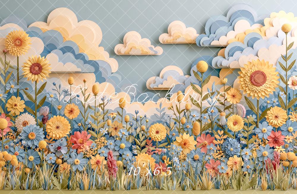 Kate Spring Kids Blue Yellow Paper Flower Meadow Clouds Printed Backdrop Designed by Angela Miller