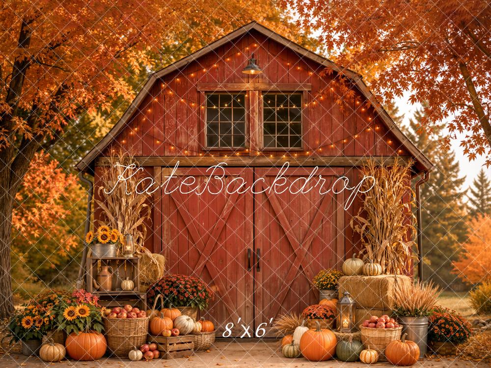 Kate Fall Red Barn Pumpkins Sunflower Lantern Harvest Forest Printed Backdrop Designed by Emetselch