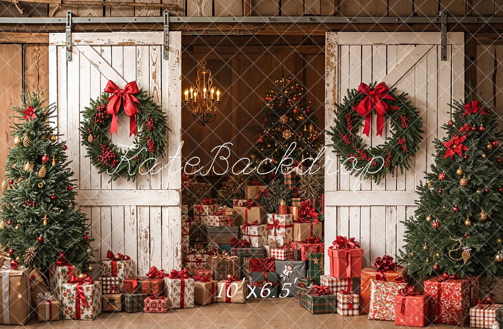 Christmas White Barn Doors Wreaths Trees Gifts Backdrop Designed by Emetselch