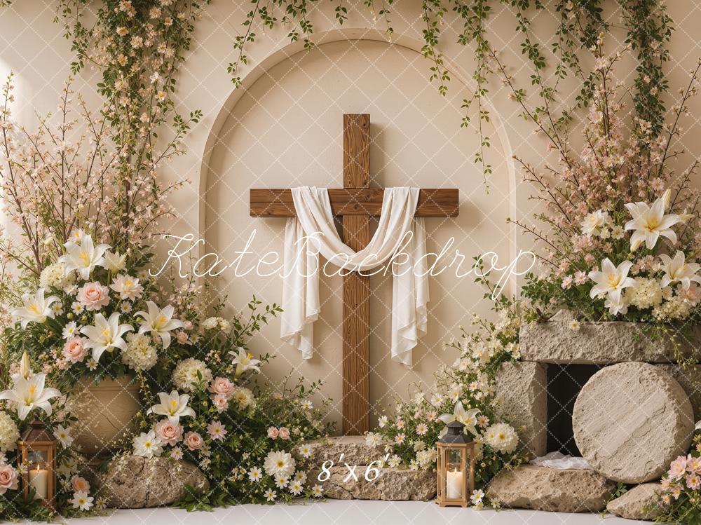 Kate Easter Resurrection Cross Beige Flower Arch Printed Backdrop Designed by Shutter Swan Studios
