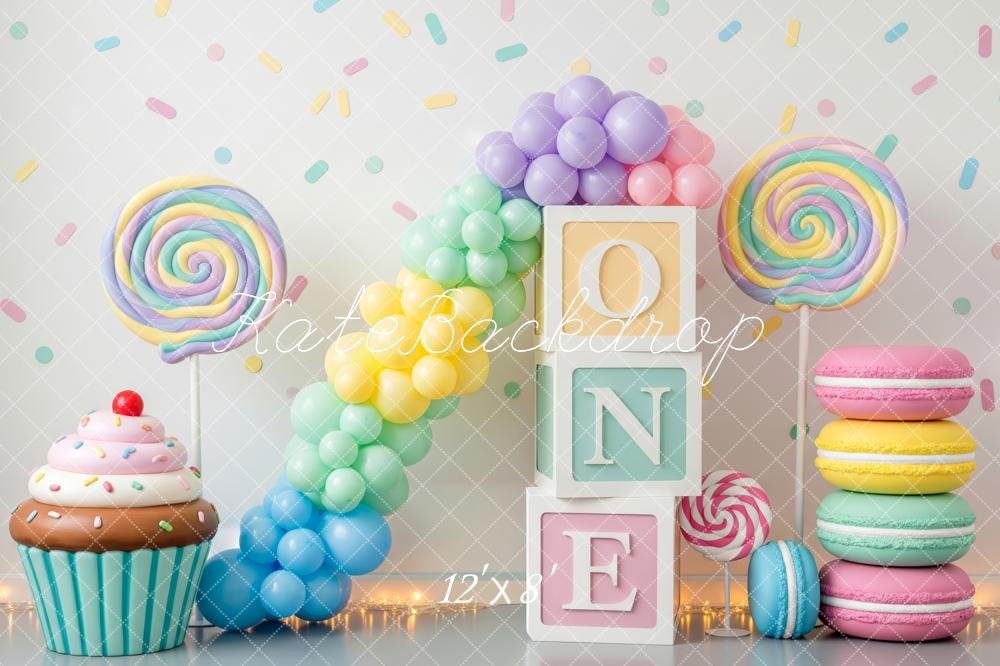 Kate Cake Smash Pastel Balloons Lollipop Macaron Cupcake One Blocks Backdrop Designed by Patty Roberts