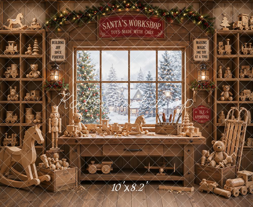 Kate Christmas Santa Workshop Wooden Toys Window Printed Backdrop Designed by Emetselch