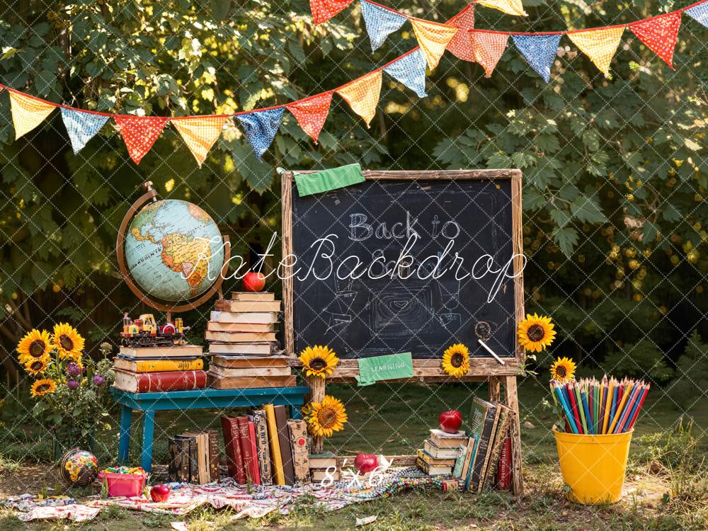 Kate Back To School Blackboard Books Globe Garden Sunflowers Backdrop Designed by Emetselch