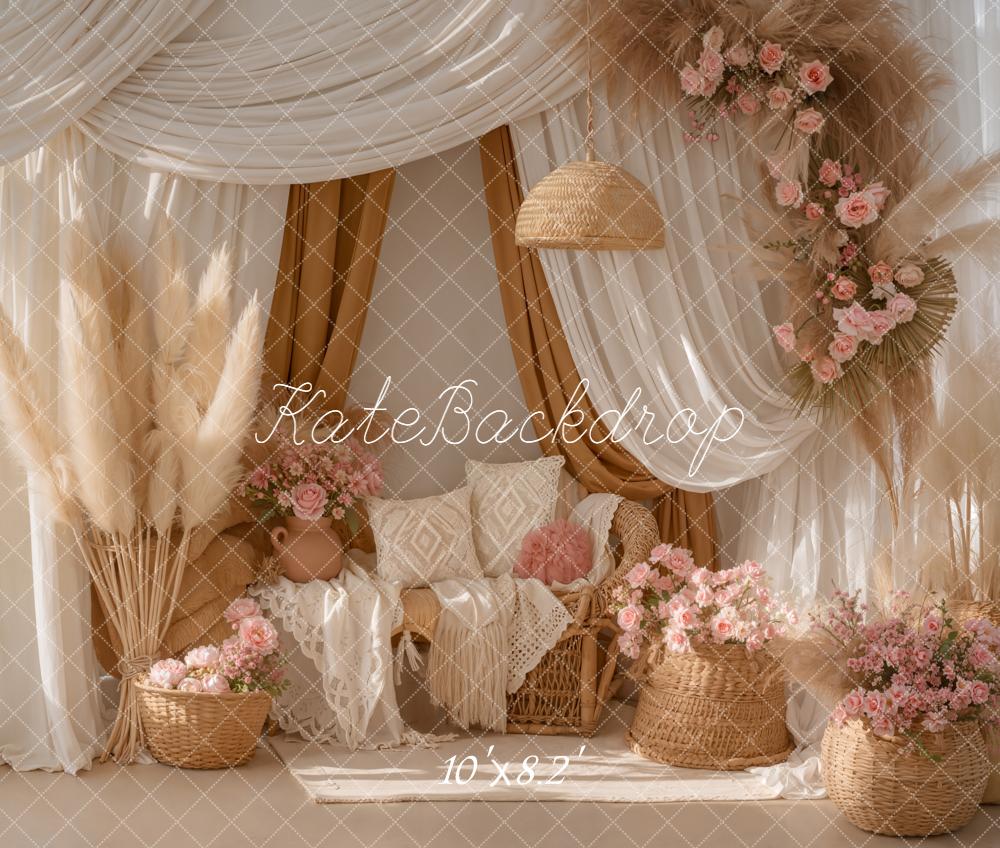 Kate Boho Pampas Grass Pink Flowers Wicker Sofa Printed Backdrop Designed by Emetselch