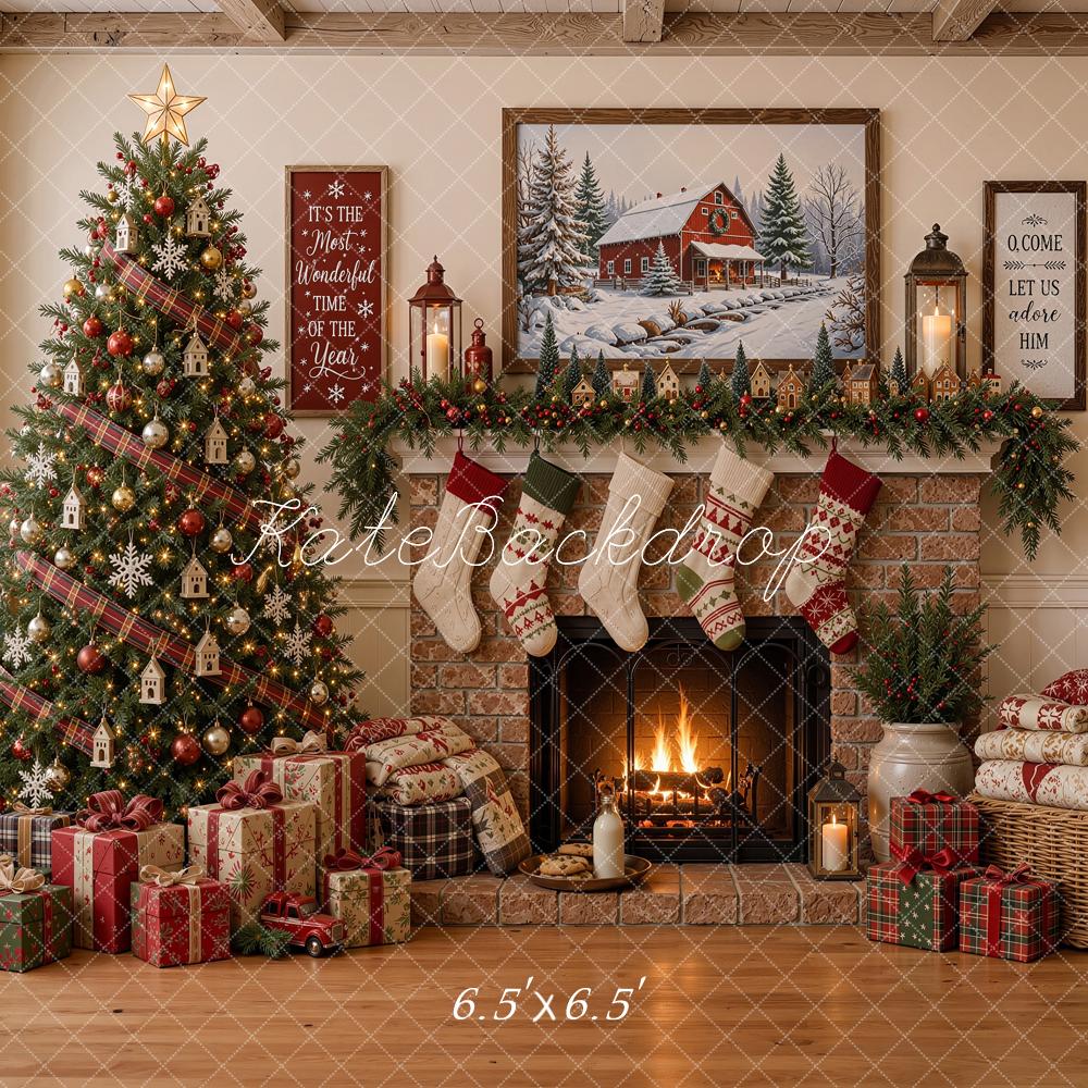 Kate Christmas Tree Stone Fireplace Gifts Stockings Rustic Printed Backdrop Designed by Shutter Swan Studios