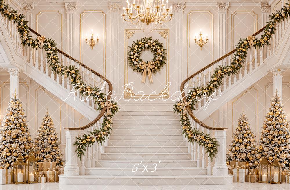 Kate Christmas Cascading Stairs Garland Wreath Ornate Interior Printed Backdrop Designed by Emetselch