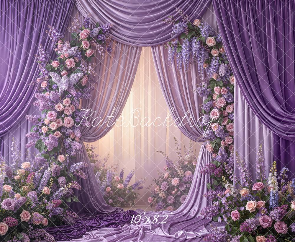 Kate Spring Purple Drapes Flower Arch Printed Backdrop Designed by Emetselch