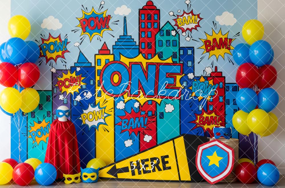 Kate Cake Smash Superhero Comic City Skyline Pop Art Backdrop Backdrop Designed by Patty Roberts