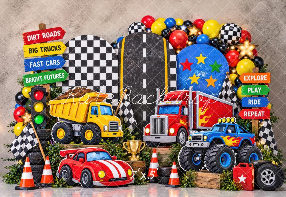 Kate Cake Smash All the Trucks Racing Cars Boys Printed Backdrop Designed by Laura Bybee
