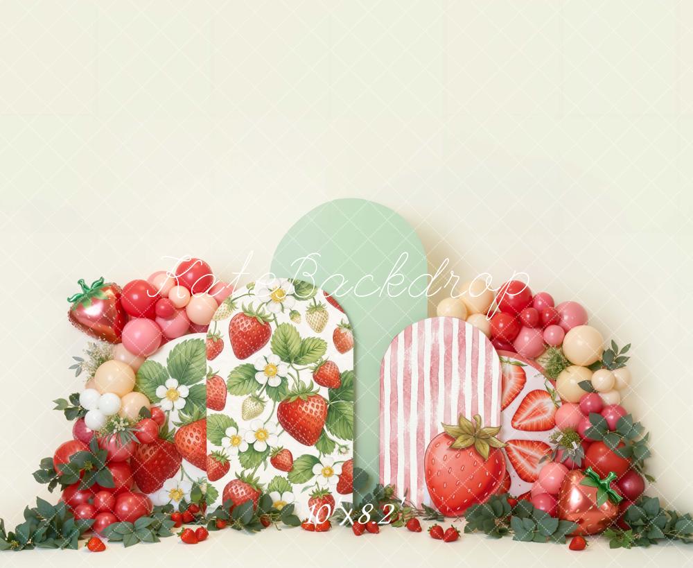 Kate Cake Smash Strawberry Balloon Arch Greenery Printed Backdrop Designed by Emetselch