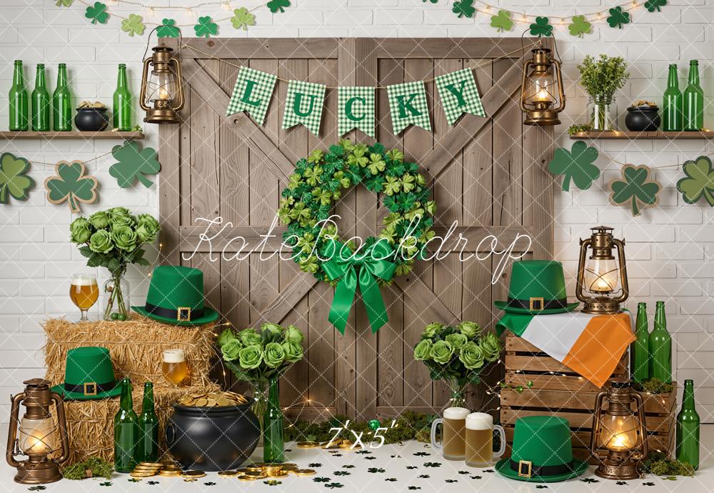 Kate St. Patrick's Day Shamrock Wreath Door Lanterns Green Hats Printed Backdrop Designed by Emetselch