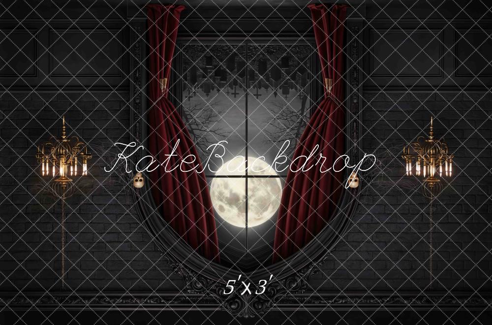 Kate Halloween Vampire Gothic Window Full Moon Red Curtain Printed Backdrop Designed by Mini MakeBelieve