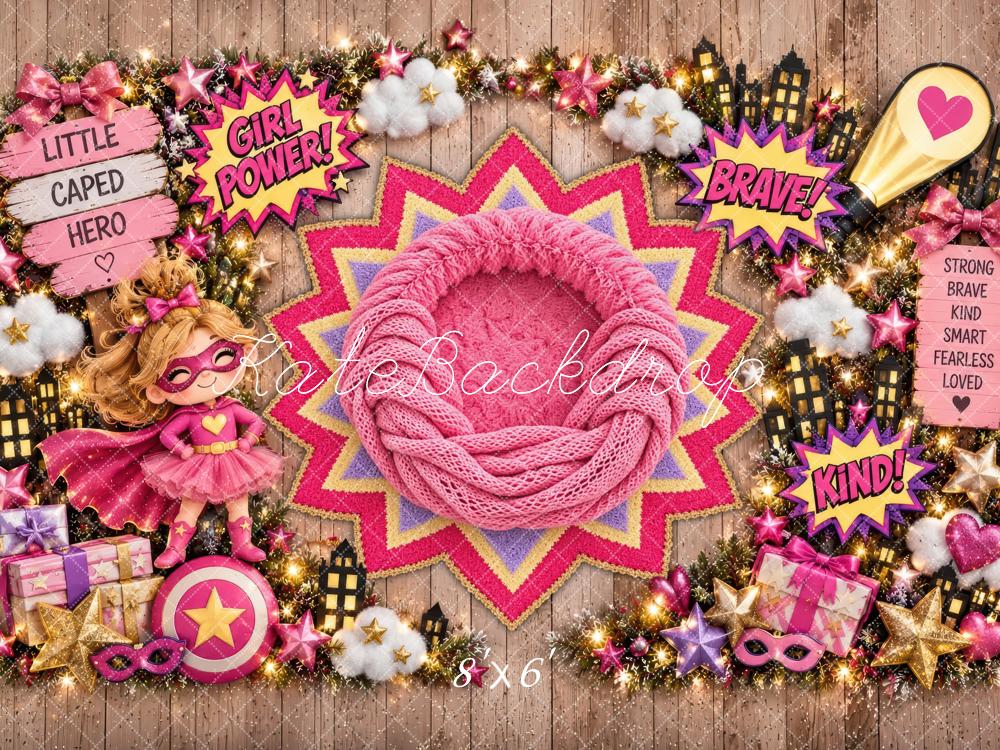 Kate Newborn Pink Girl SuperHero Gifts Printed Backdrop Designed by Laura Bybee
