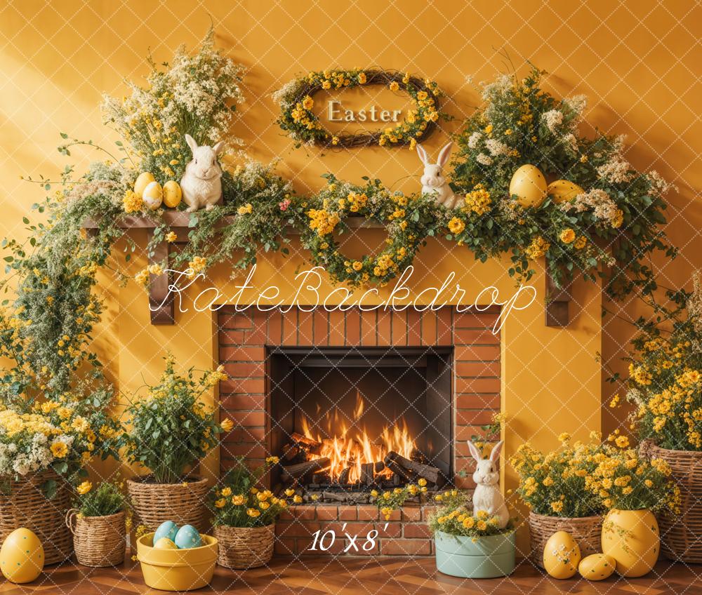 Kate Easter Bunny Eggs Yellow Flowers Fireplace Backdrop Designed by Emetselch