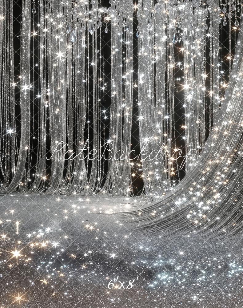 Kate Silver Glitter Crystal Chandelier Drapes Printed Backdrop Designed by Chain Photography