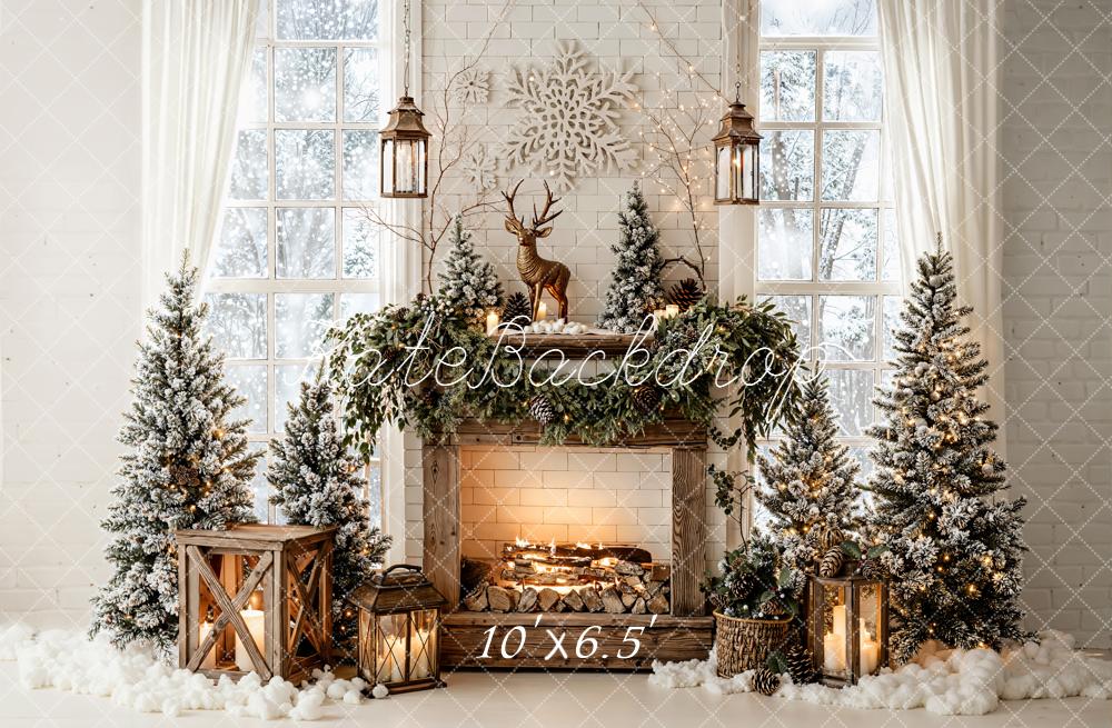 Kate Christmas Fireplace Snowy Trees Lanterns Reindeer Window Backdrop Designed by Emetselch