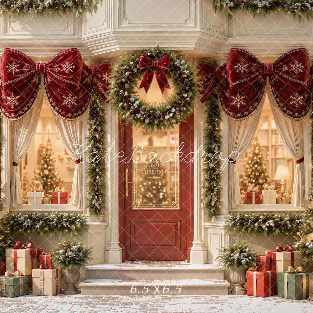 Kate Christmas Doorway Boutique Red Bow Garland Christmas Trees Printed Backdrop Designed by Emetselch