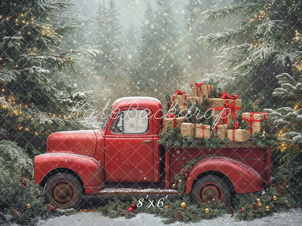 Kate Christmas Red Truck Gifts Pine Trees Snowy Backdrop Designed by Emetselch