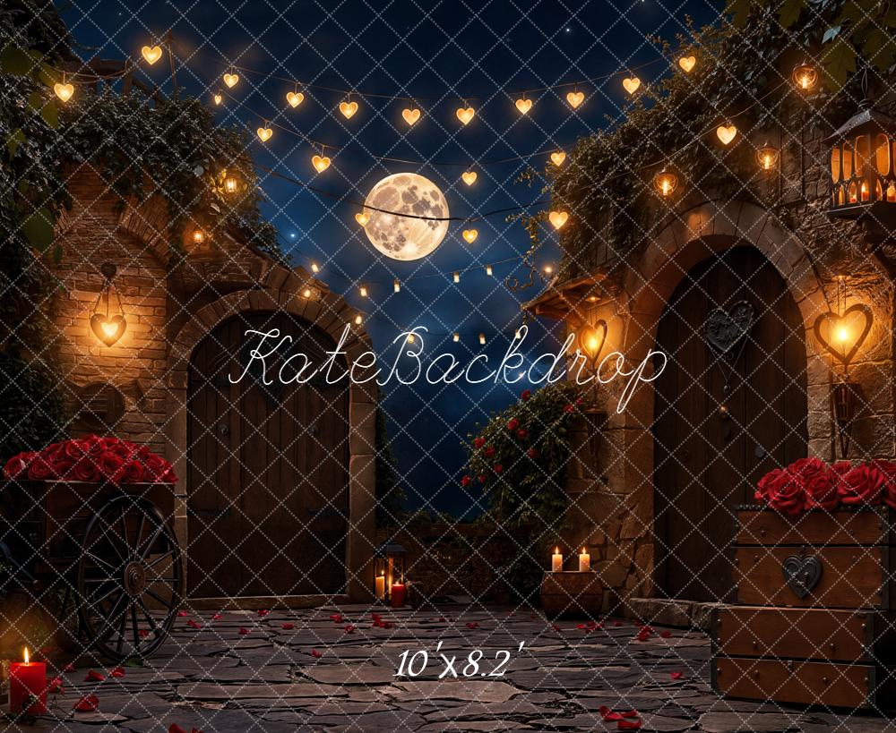 Kate Valentine Moonlit Courtyard Heart Lights Red Roses Backdrop Designed by Emetselch