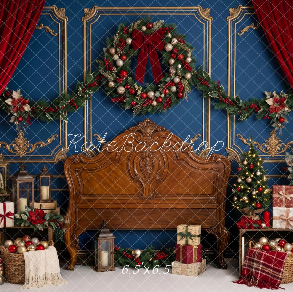 Kate Christmas Headboard Wreath Red Curtains Gifts Printed Backdrop Designed by Patty Roberts