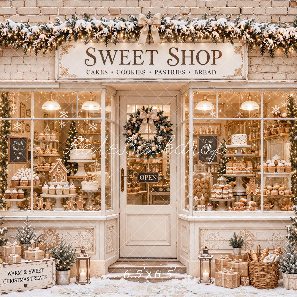 Kate Christmas Sweet Shop Bakery Gingerbread Snow Brick Wall Garland Printed Backdrop Designed by Emetselch
