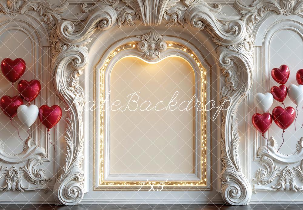 Kate Valentine's Day Ornate White Wall Heart Balloons Backdrop Designed by Mini MakeBelieve