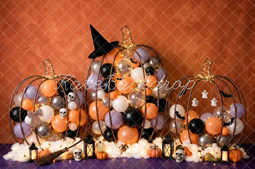 Kate Halloween Cake Smash Gold Pumpkin Balloons Witch Hat Printed Backdrop Designed by Patty Roberts