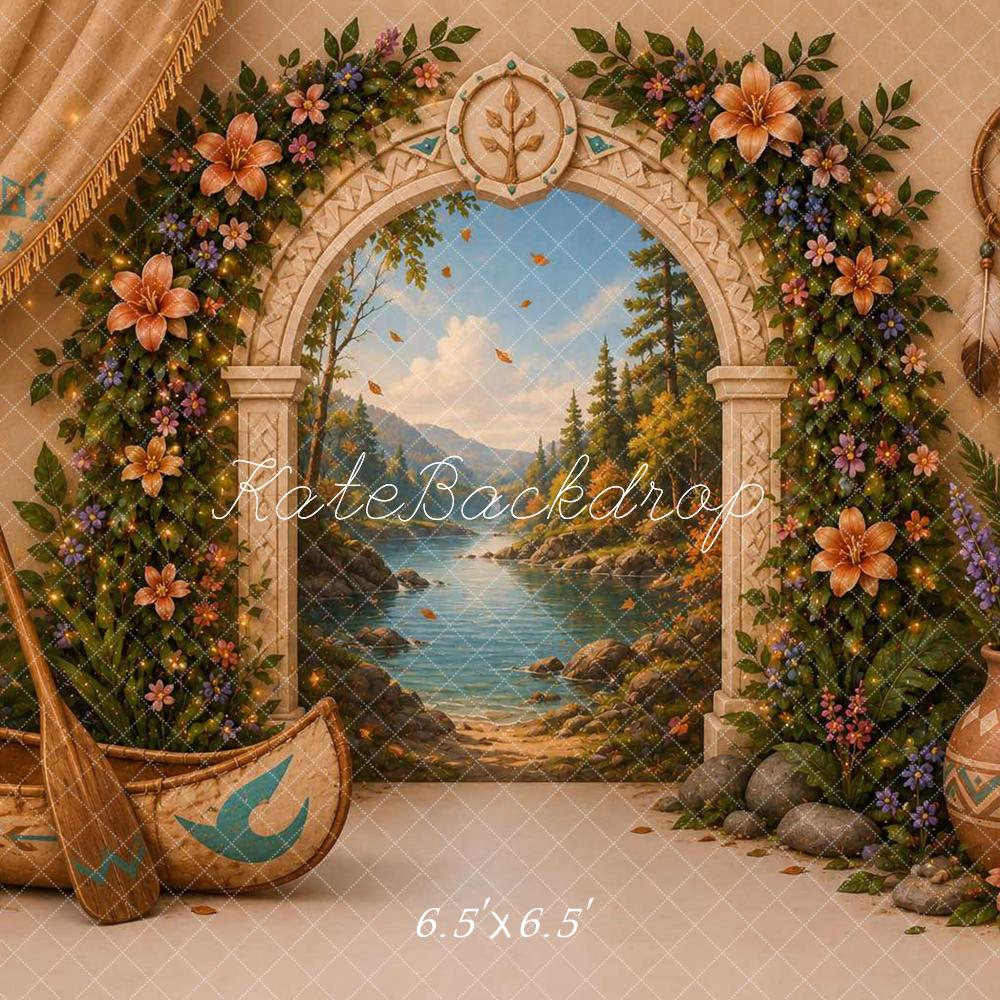 Kate Tropical Canoe Floral Archway Mountain Lake Dreamcatcher Printed Backdrop Designed by Caitlin Lynch