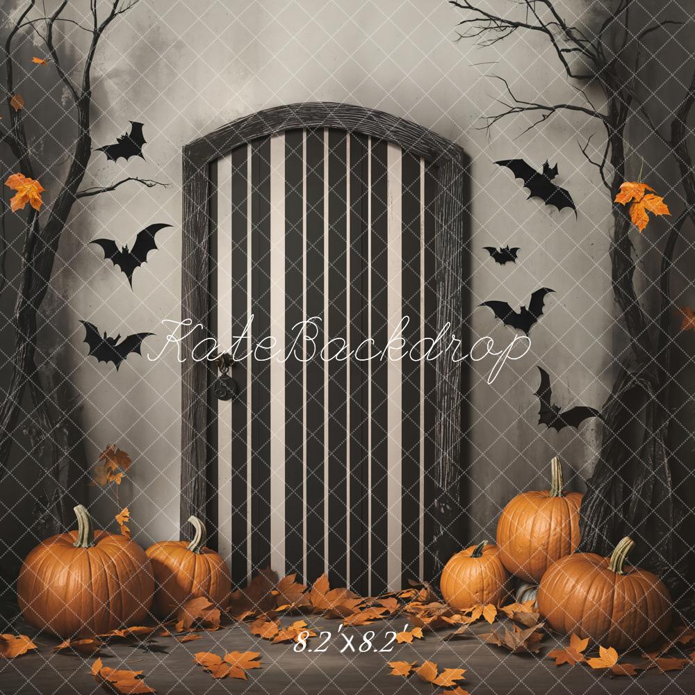 Kate Halloween Pumpkins Door Bats Trees Backdrop Designed by Emetselch