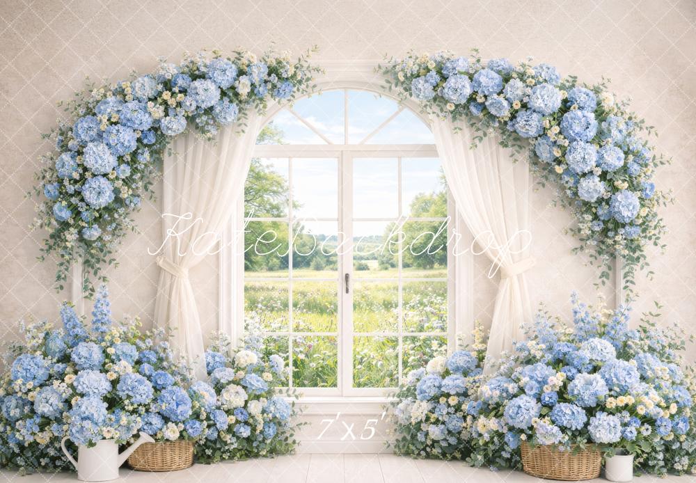 Kate Spring Flower Arch Blue Hydrangea Window Curtains Backdrop Designed by Megan Leigh Photography