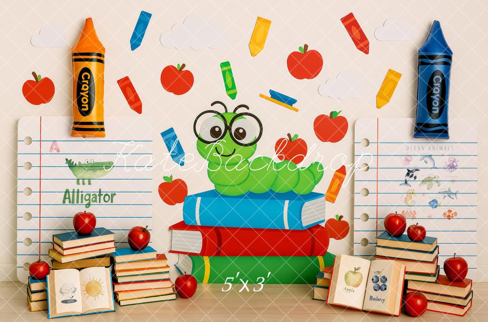 Kate Back to School Books Worm Crayon Backdrop Designed by Patty Roberts