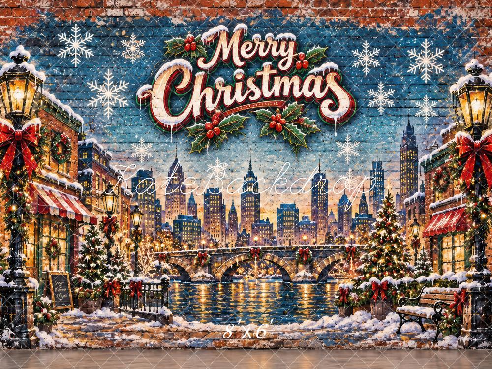 Kate Christmas Snowy Cityscape Bridge Graffiti Printed Backdrop Designed by Laura Bybee