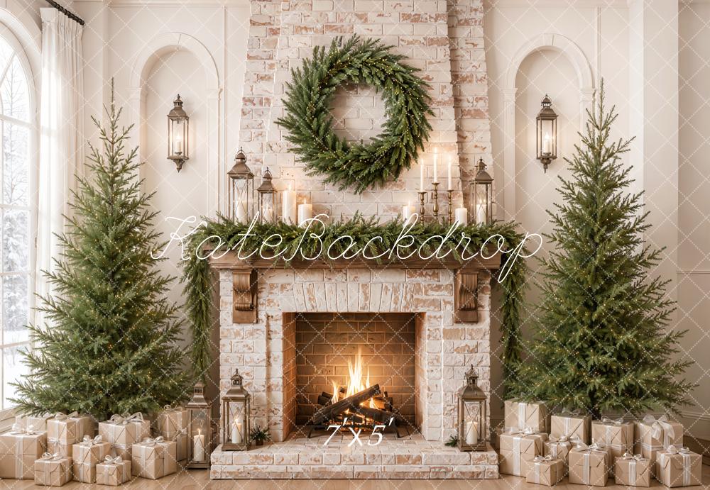 Kate Christmas Fireplace Wreath Evergreen Trees Gifts Printed Backdrop Designed by Emetselch
