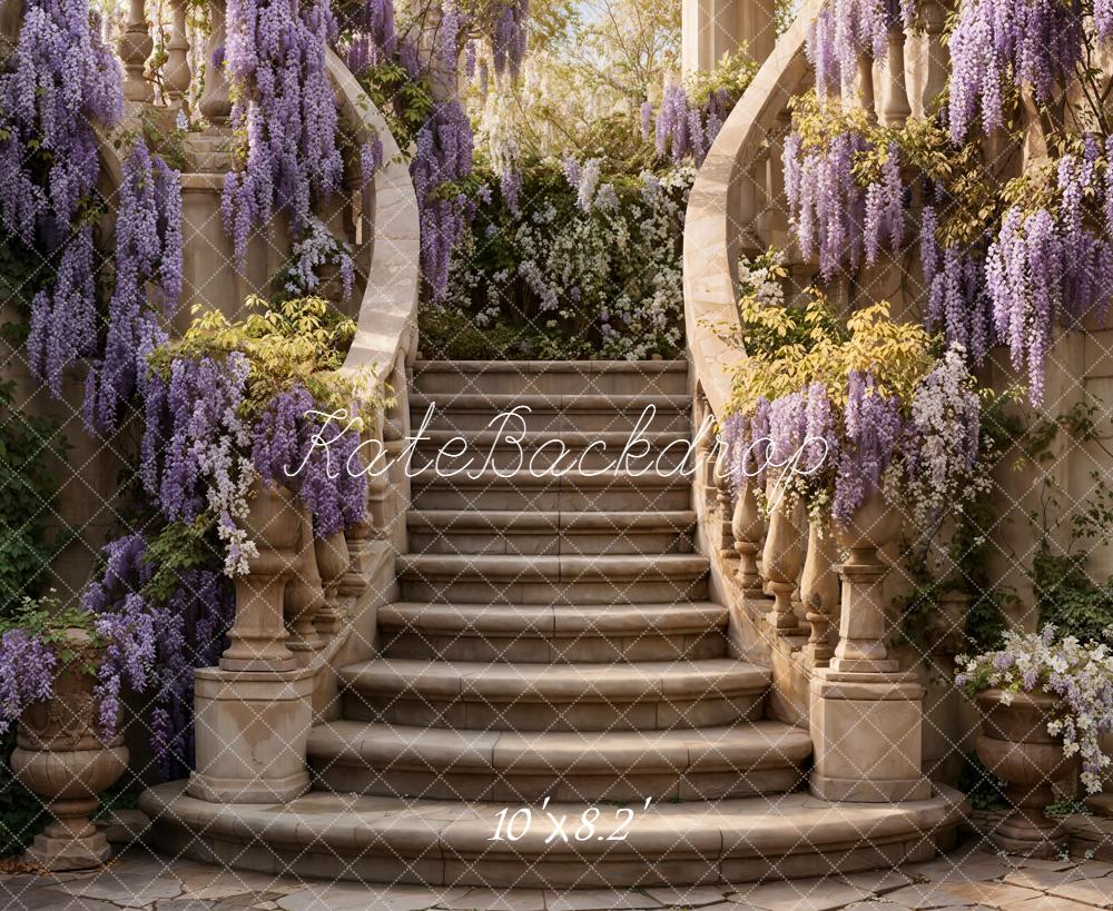 Kate Spring Cascading Stairs Purple Wisteria Garden Backdrop Designed by Emetselch