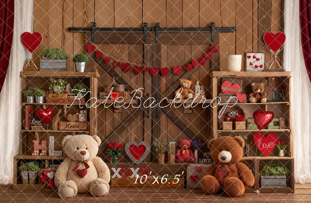 Kate Valentine's Day Teddy Bears Wooden Shelves Red Hearts Backdrop Designed by Emetselch