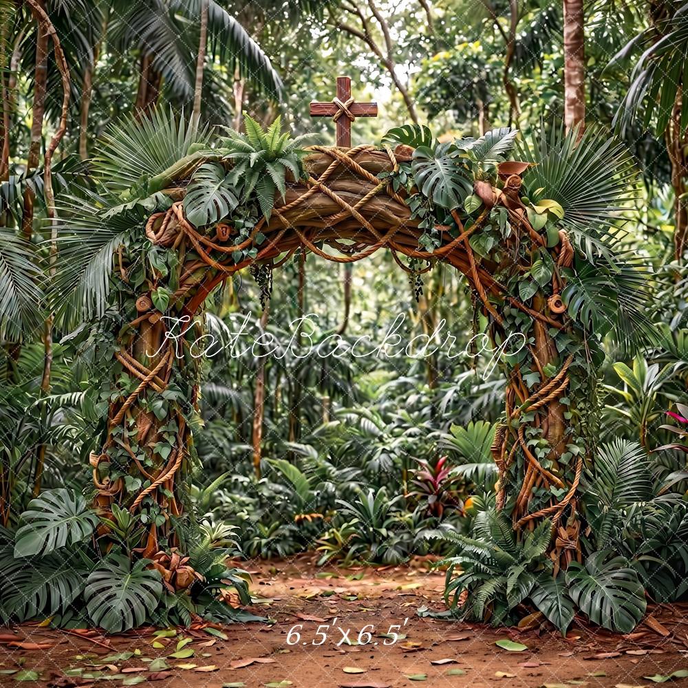 Kate VBS Jungle Arch Cross Green Tropical Printed Backdrop Designed by Angela Miller