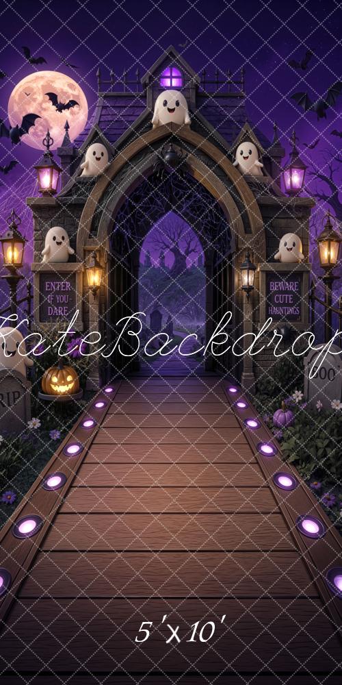 Kate Sweep Halloween Trunk or Treat Haunted Gate Ghosts Purple Printed Backdrop Designed by Mini MakeBelieve