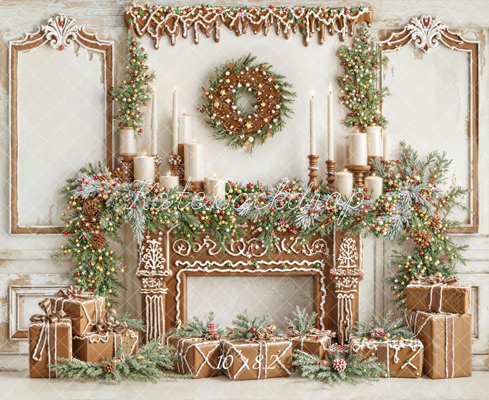 Kate Christmas Gingerbread Fireplace Garland Gifts Wreath Backdrop Designed by Emetselch