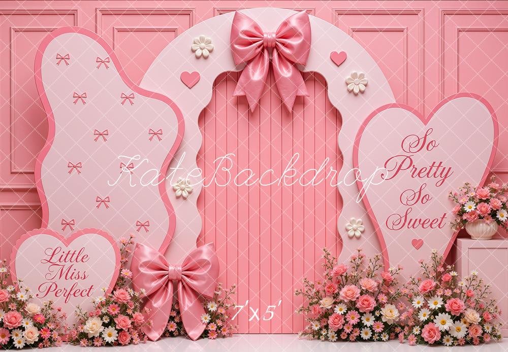 Kate Birthday Girls Pink Princess Bow Floral Arch Heart Printed Backdrop Designed by Shutter Swan Studios