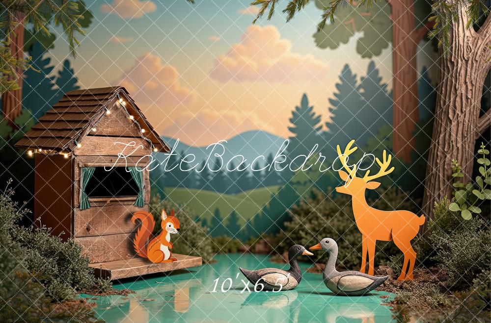 Kate Cake Smash Hunting Forest Cabin Lake Deer Duck Squirrel Backdrop Designed by Laura Bybee