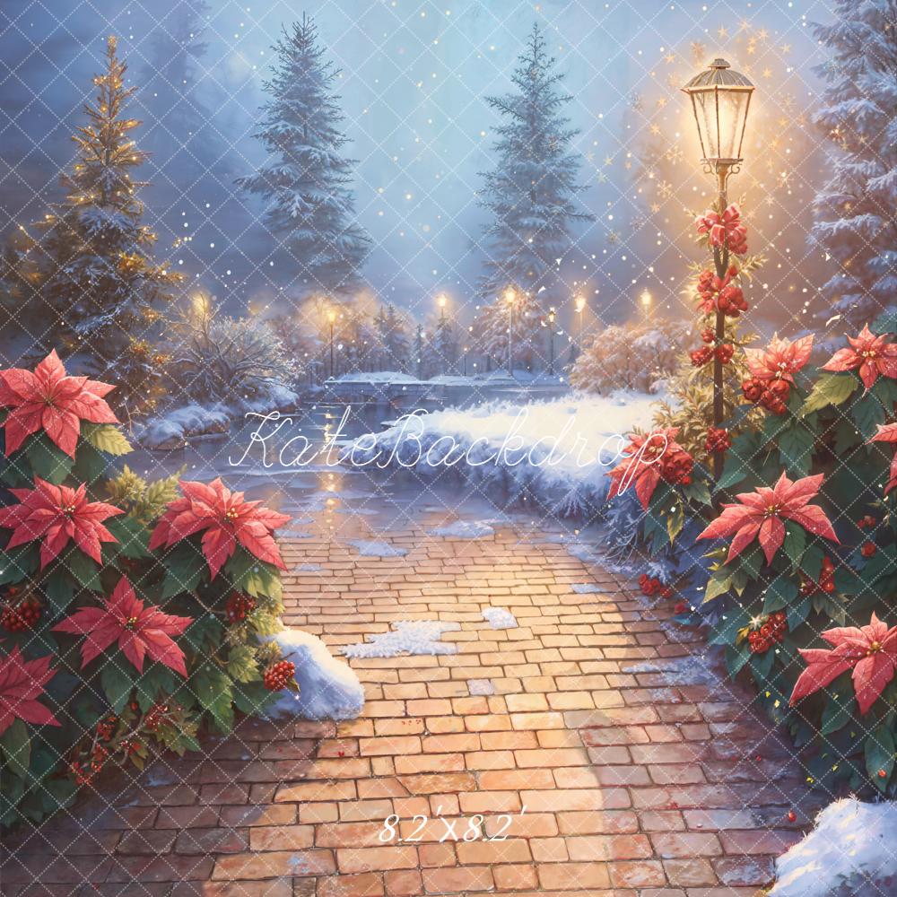 Kate Christmas Snowy Poinsettia Brick Pathway Backdrop Designed by Emetselch