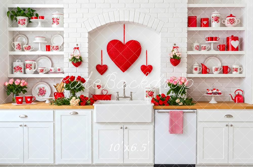 Kate Valentine's Day Red Hearts White Brick Kitchen Backdrop Designed by Patty Roberts