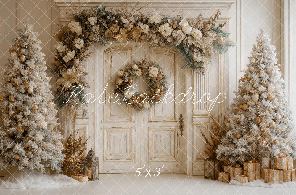 Kate Christmas Boho Gold White Trees Floral Door Backdrop Designed by Ashley Paul