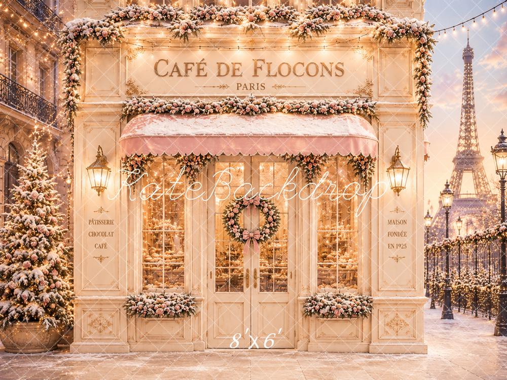 Kate Christmas Paris Café Snowy Eiffel Tower Printed Backdrop Designed by Caitlin Lynch