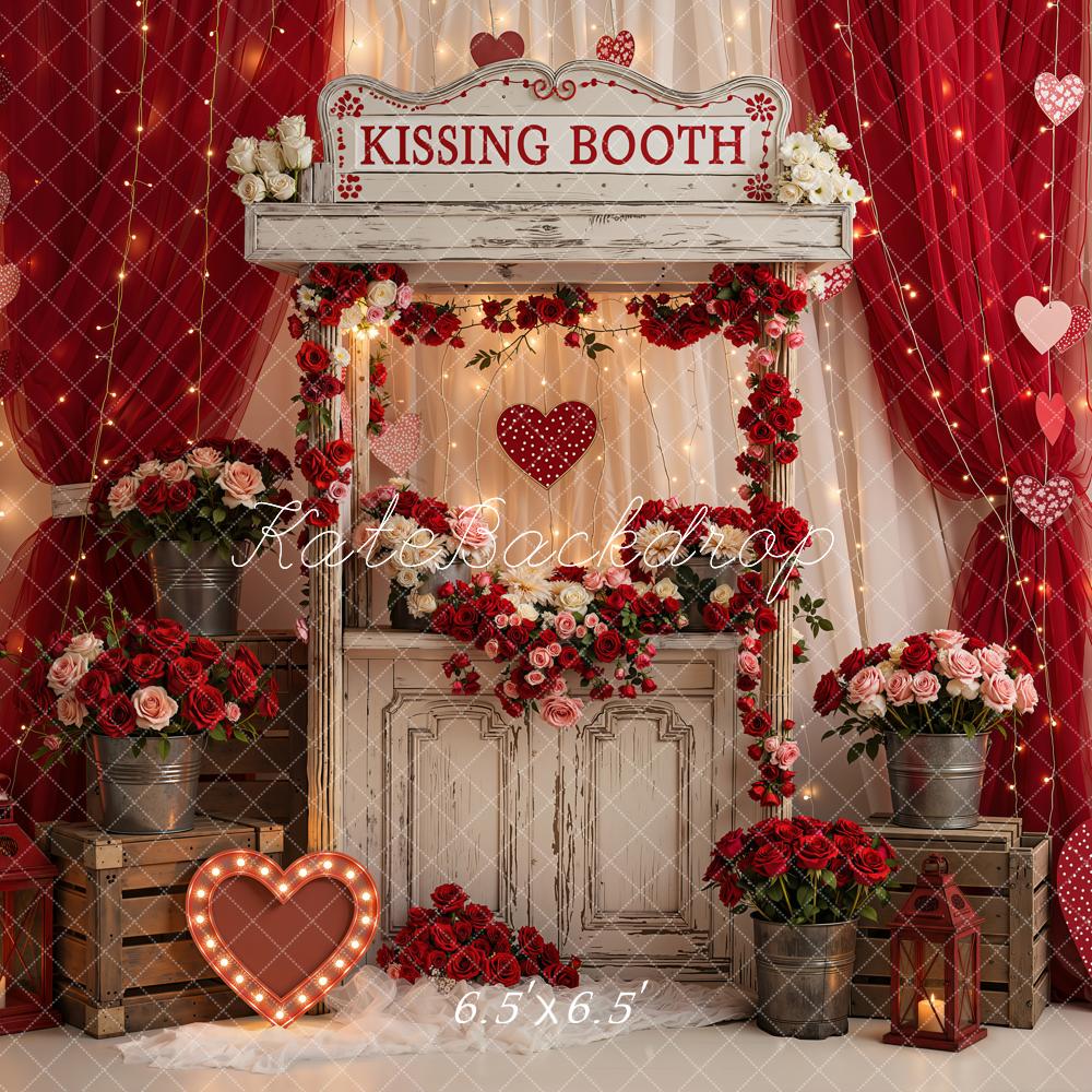 Kate Valentine's Day Red Kissing Booth Curtains Hearts Roses Printed Backdrop Designed by Emetselch