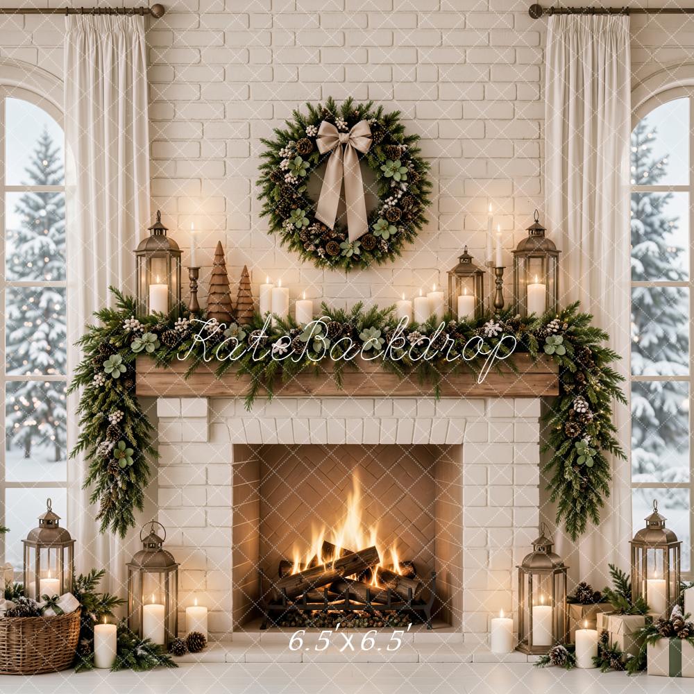 Kate Christmas White Brick Fireplace Wreath Arched Window Printed Backdrop Designed by Emetselch