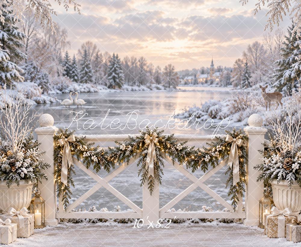 Kate Christmas Winter Snowy Lake Bridge Garland Swans Printed Backdrop Designed by Vertigo Productions