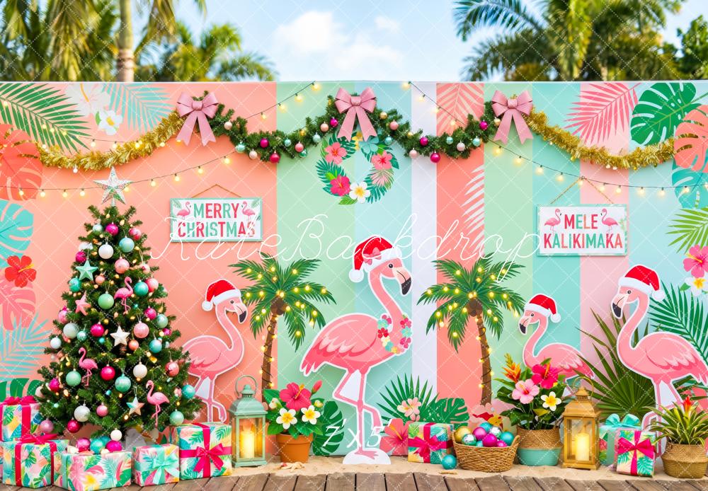 Kate Summer Christmas Flamingo Palm Tree Tropical Printed Backdrop Designed by Patty Roberts