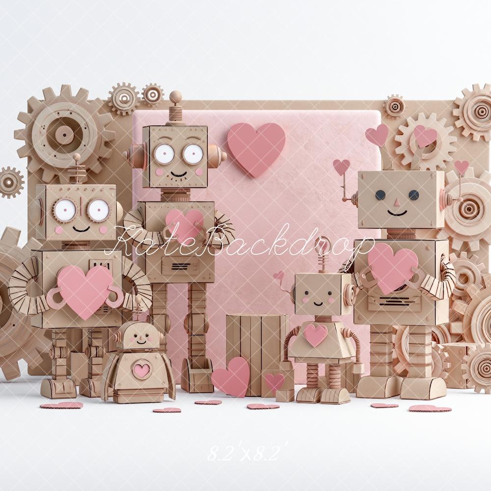 Kate Valentine's Day Wood Robot Pink Hearts Gears Printed Backdrop Designed by Angela Miller