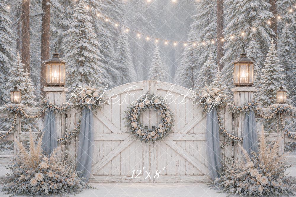 Kate Winter Snowy Forest Barn Gate Lanterns Printed Backdrop Designed by Ashley Paul